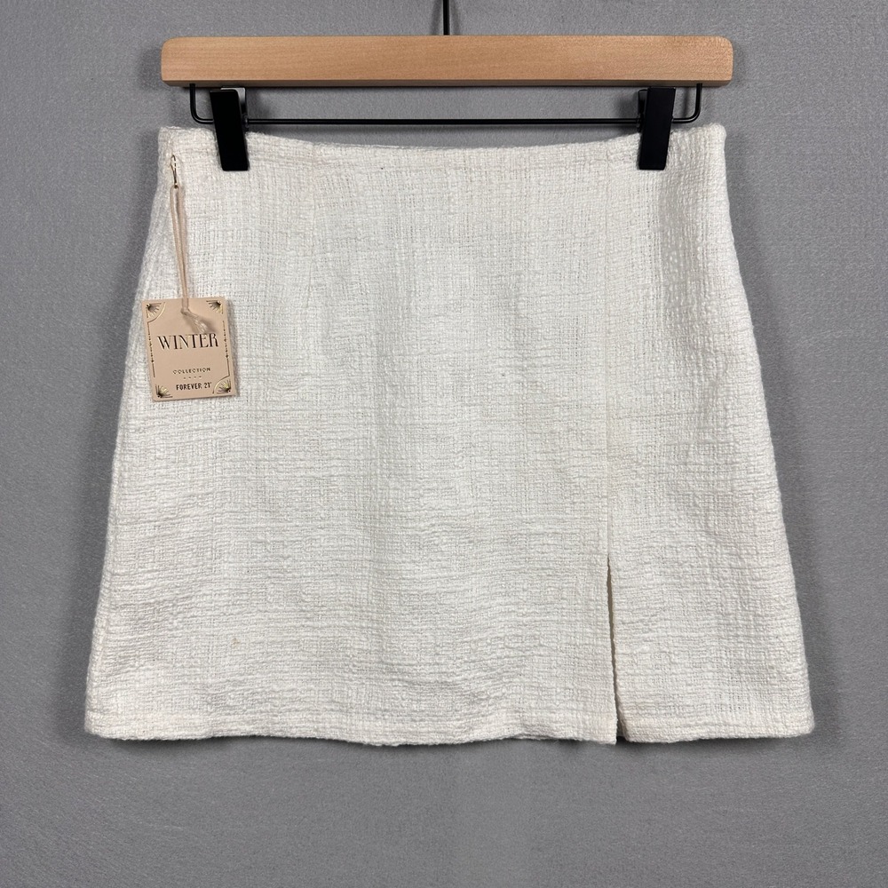 Tweed Textured Mini Skirt NWT Off White Cream Front Slit Winter Boucle Size S